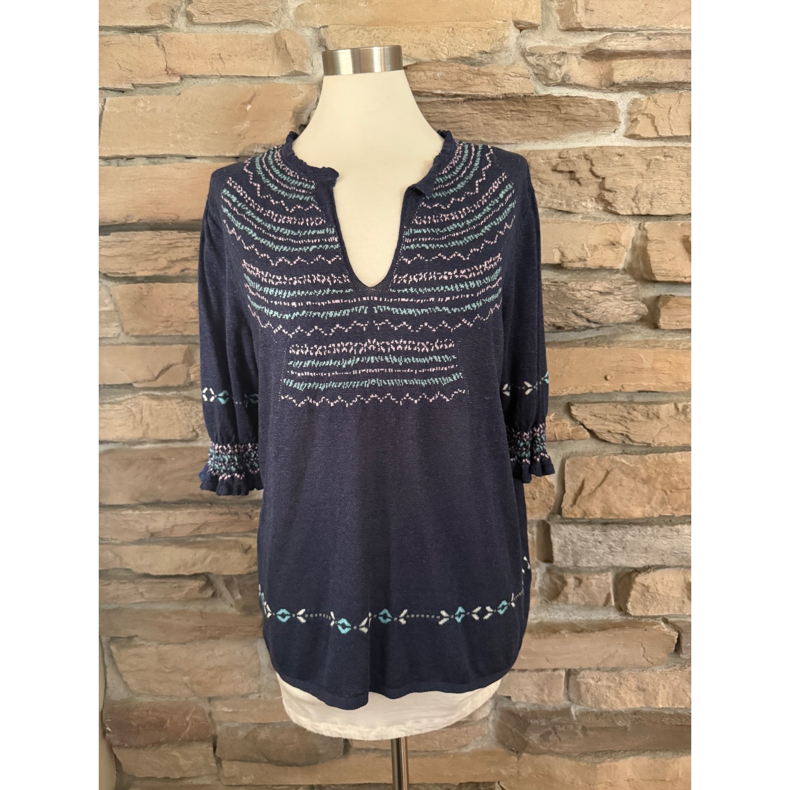 Nic+Zoe Intarsia Stitches Sweater Indigo Multi Linen Blend Xl M231125 New